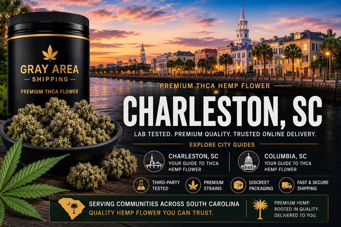 Premium THCA hemp flower available online in Charleston, South Carolina with Charleston waterfront background