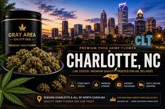 Premium THCA hemp flower available online in Charlotte, North Carolina with Charlotte skyline background