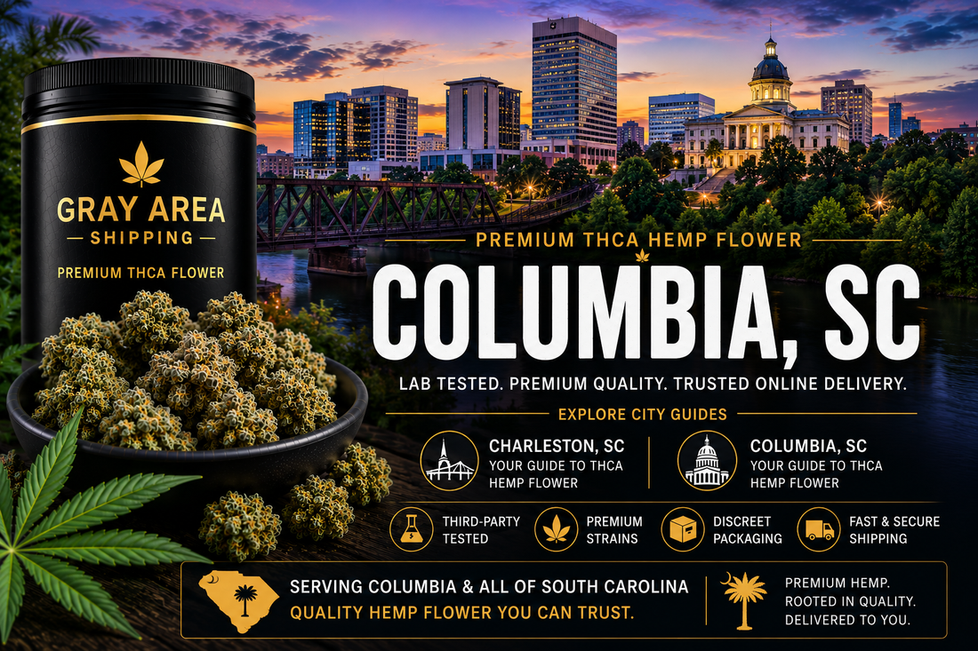 Premium THCA hemp flower available online in Columbia, South Carolina with Columbia skyline background