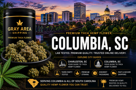 Premium THCA hemp flower available online in Columbia, South Carolina with Columbia skyline background