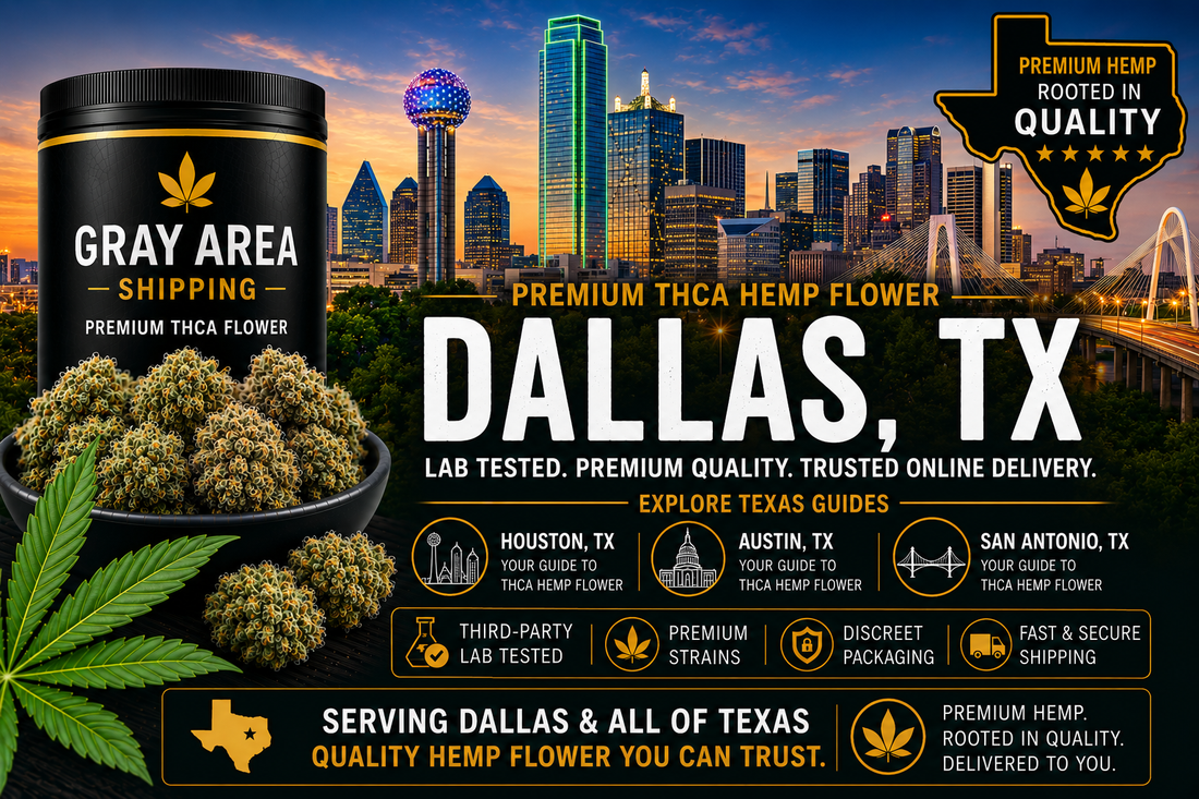 Premium THCA hemp flower available online in Dallas, Texas with Dallas skyline background