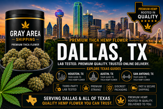 Premium THCA hemp flower available online in Dallas, Texas with Dallas skyline background