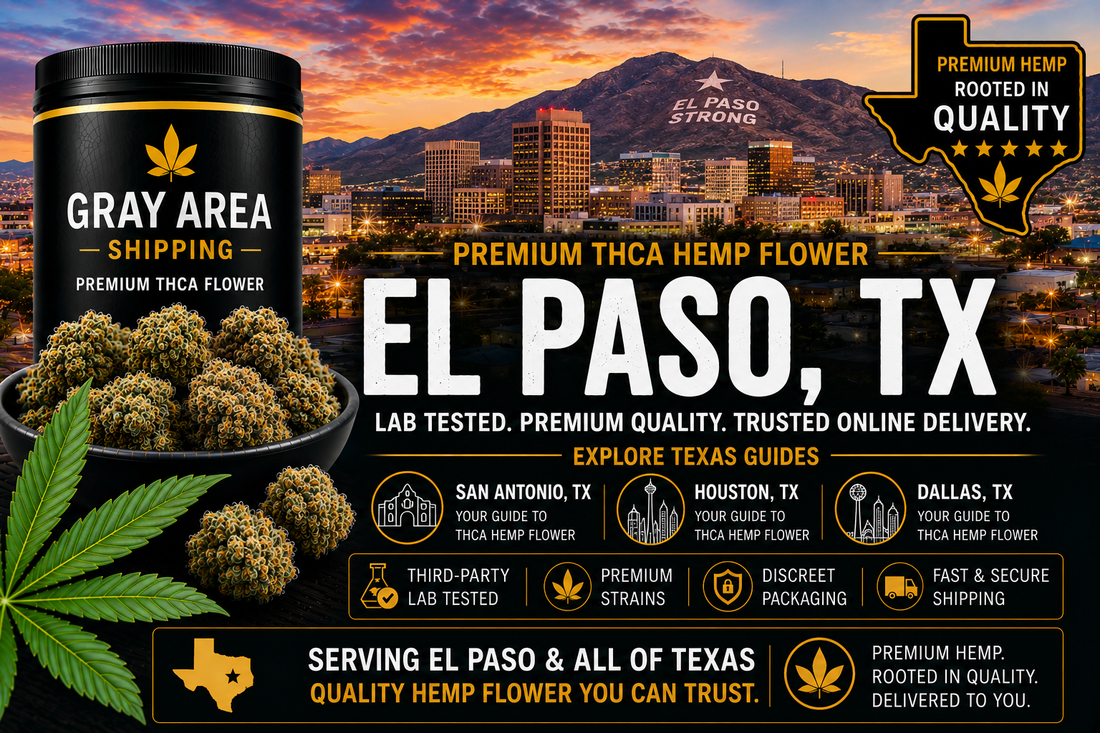 Premium THCA hemp flower available online in El Paso, Texas with El Paso skyline background