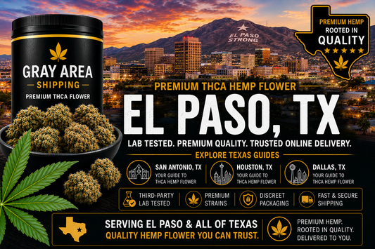 Premium THCA hemp flower available online in El Paso, Texas with El Paso skyline background