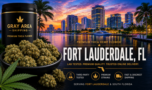 Premium THCA hemp flower available online in Fort Lauderdale, Florida with Fort Lauderdale skyline background