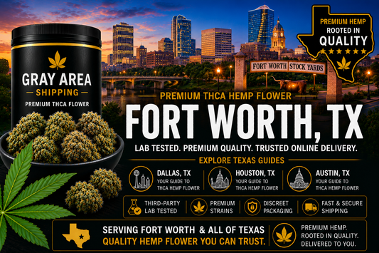 Premium THCA hemp flower available online in Fort Worth, Texas with Fort Worth skyline background