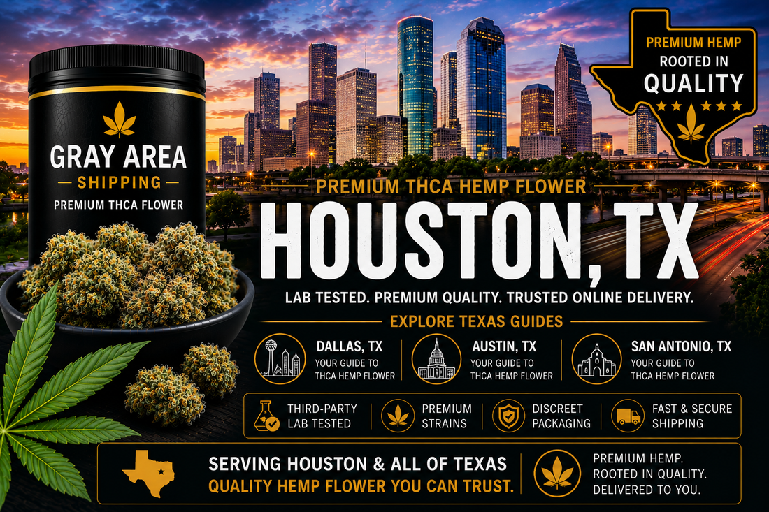 Premium THCA hemp flower available online in Houston, Texas with Houston skyline background
