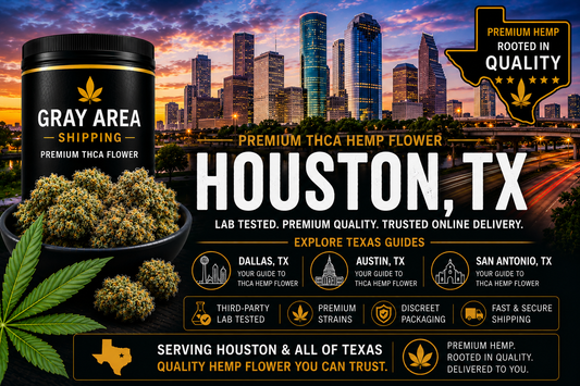 Premium THCA hemp flower available online in Houston, Texas with Houston skyline background