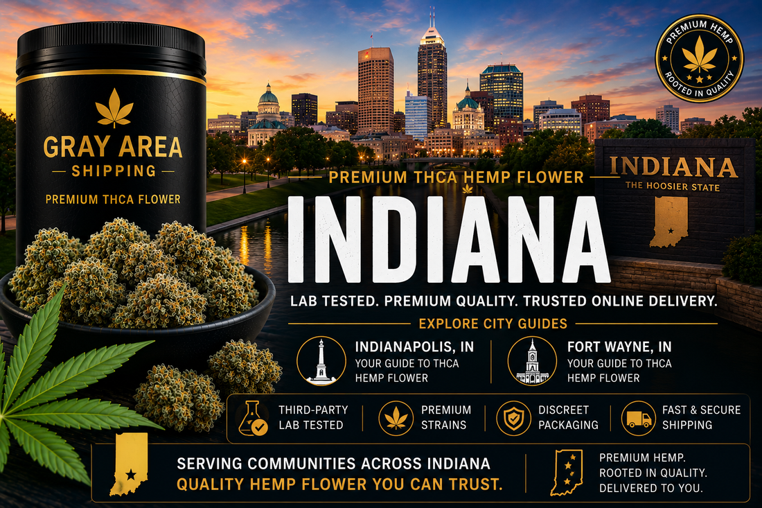 Premium THCA hemp flower available online throughout Indiana with Indianapolis skyline background