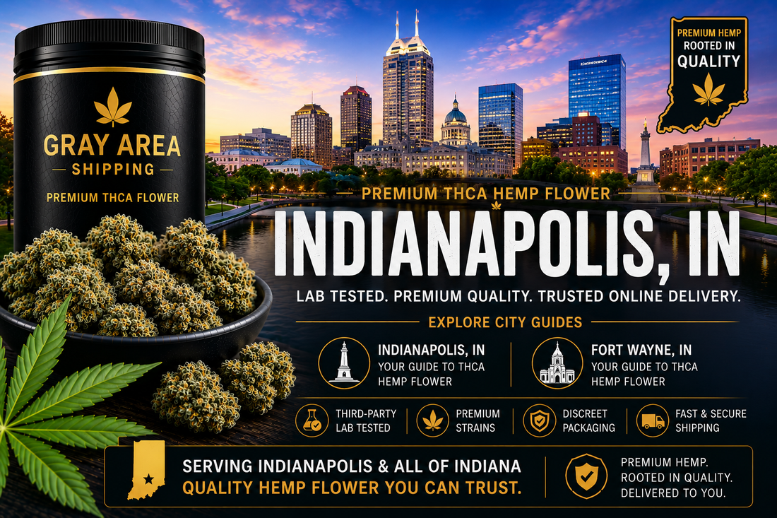 Premium THCA hemp flower available online in Indianapolis, Indiana with Indianapolis skyline background