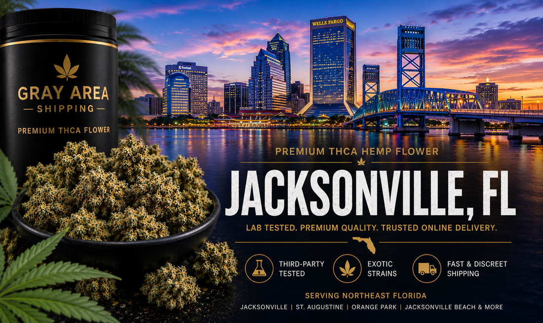 Premium THCA hemp flower available online in Jacksonville, Florida with Jacksonville skyline background