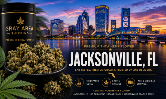 Premium THCA hemp flower available online in Jacksonville, Florida with Jacksonville skyline background