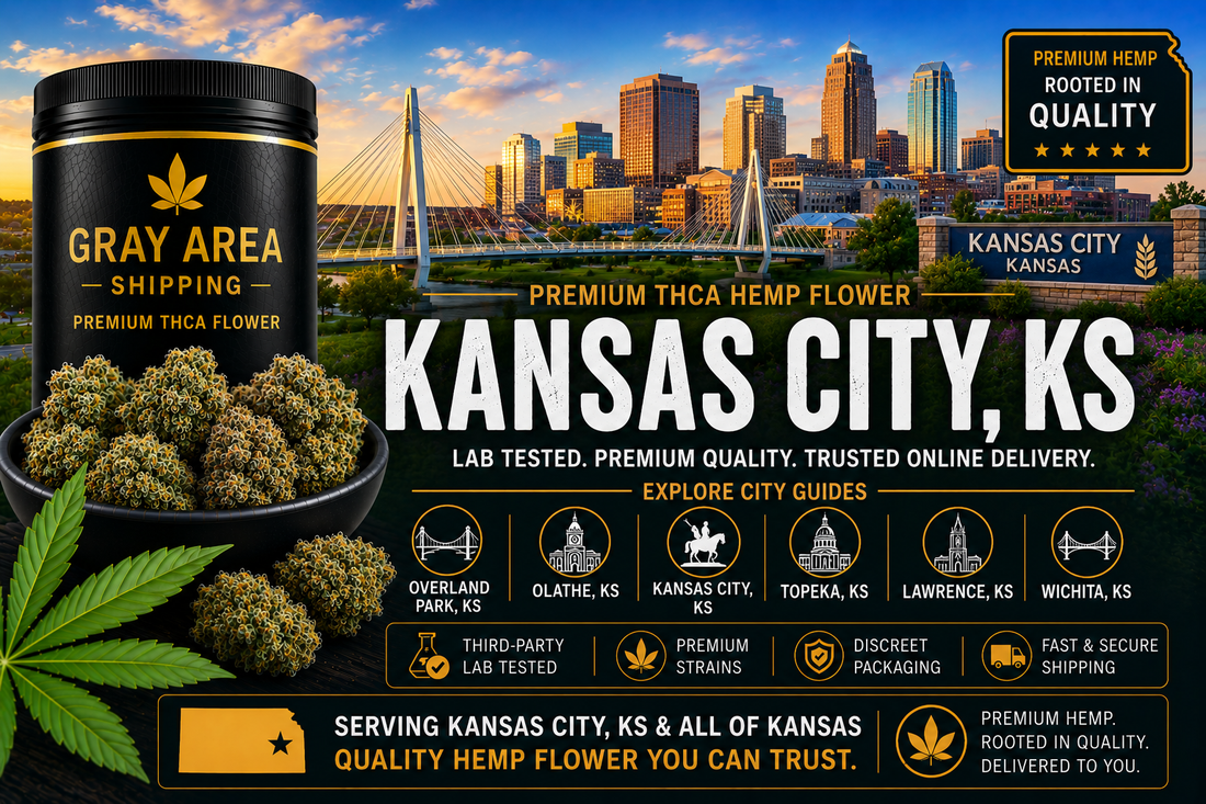 Premium THCA hemp flower available online in Kansas City, Kansas with Kansas City skyline background