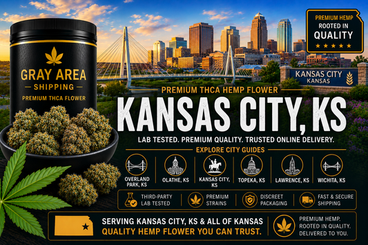 Premium THCA hemp flower available online in Kansas City, Kansas with Kansas City skyline background