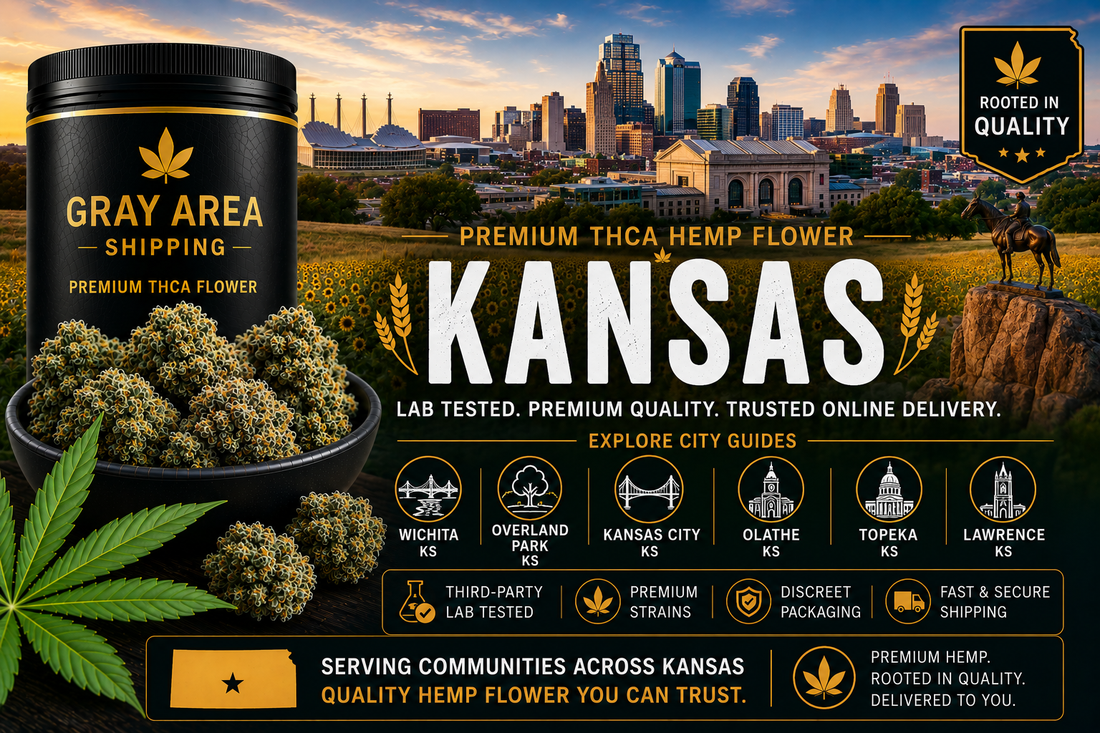 Premium THCA hemp flower available online throughout Kansas with Kansas City skyline background