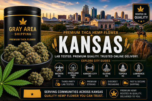 Premium THCA hemp flower available online throughout Kansas with Kansas City skyline background
