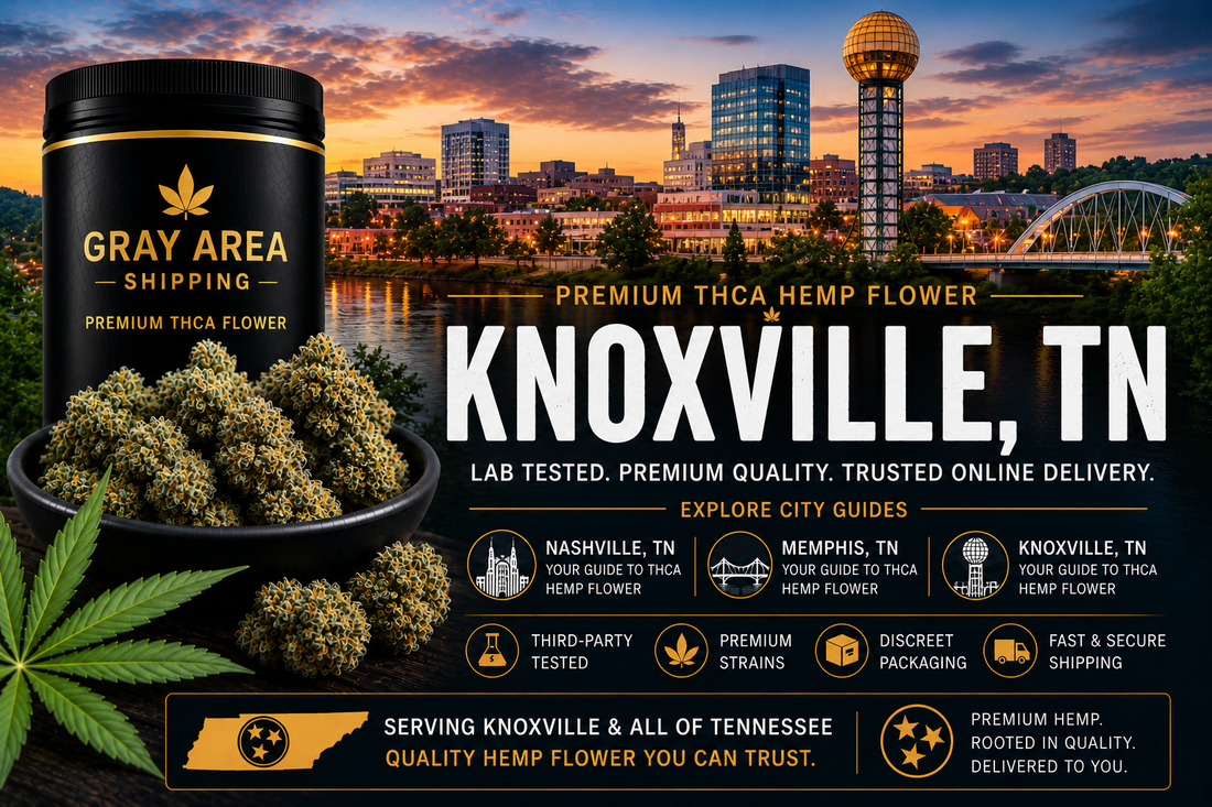 Premium THCA hemp flower available online in Knoxville, Tennessee with Knoxville skyline background