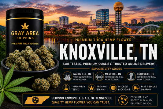Premium THCA hemp flower available online in Knoxville, Tennessee with Knoxville skyline background