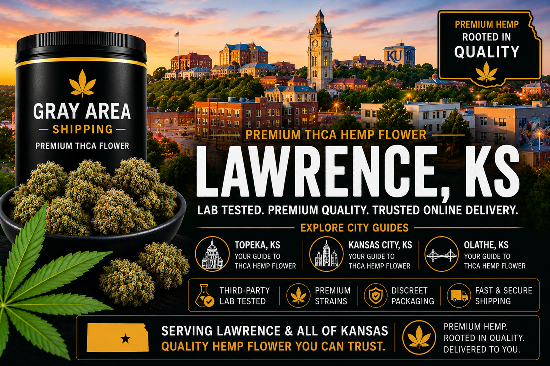 Premium THCA hemp flower available online in Lawrence, Kansas with downtown Lawrence skyline background