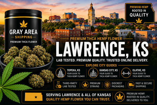 Premium THCA hemp flower available online in Lawrence, Kansas with downtown Lawrence skyline background