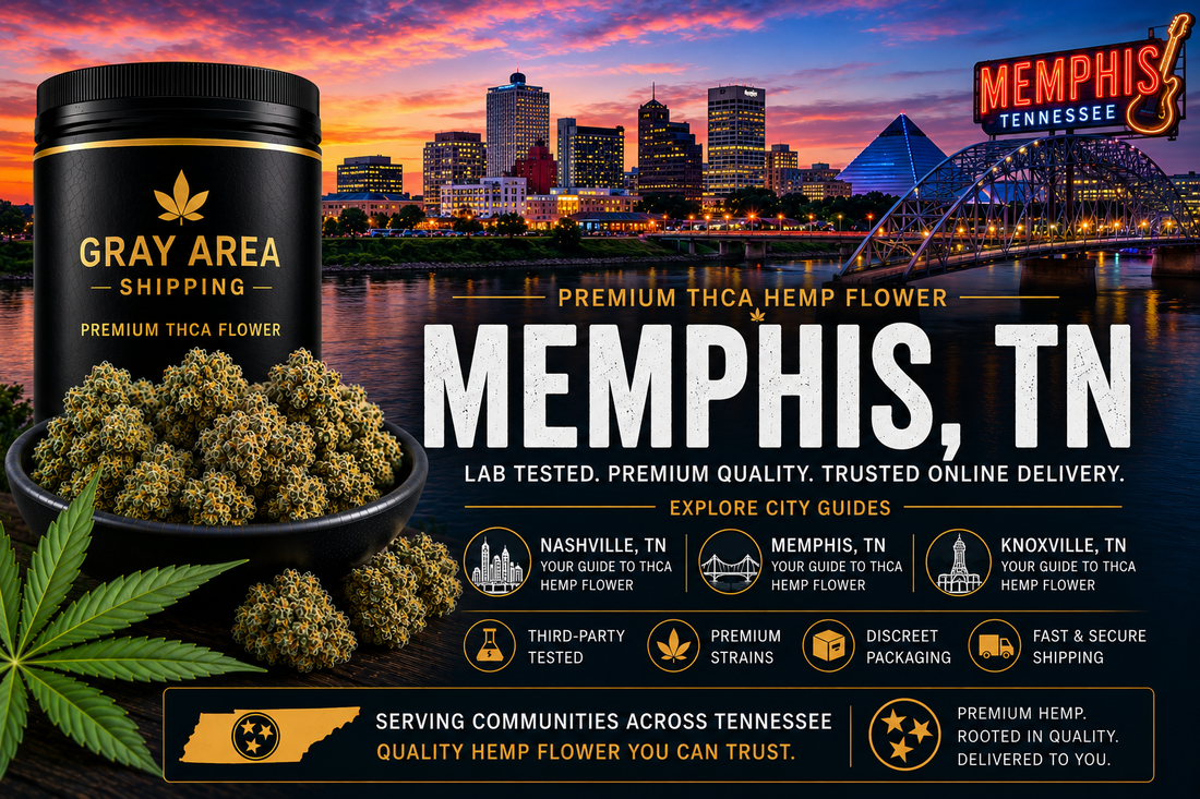 Premium THCA hemp flower available online in Memphis, Tennessee with Memphis skyline background