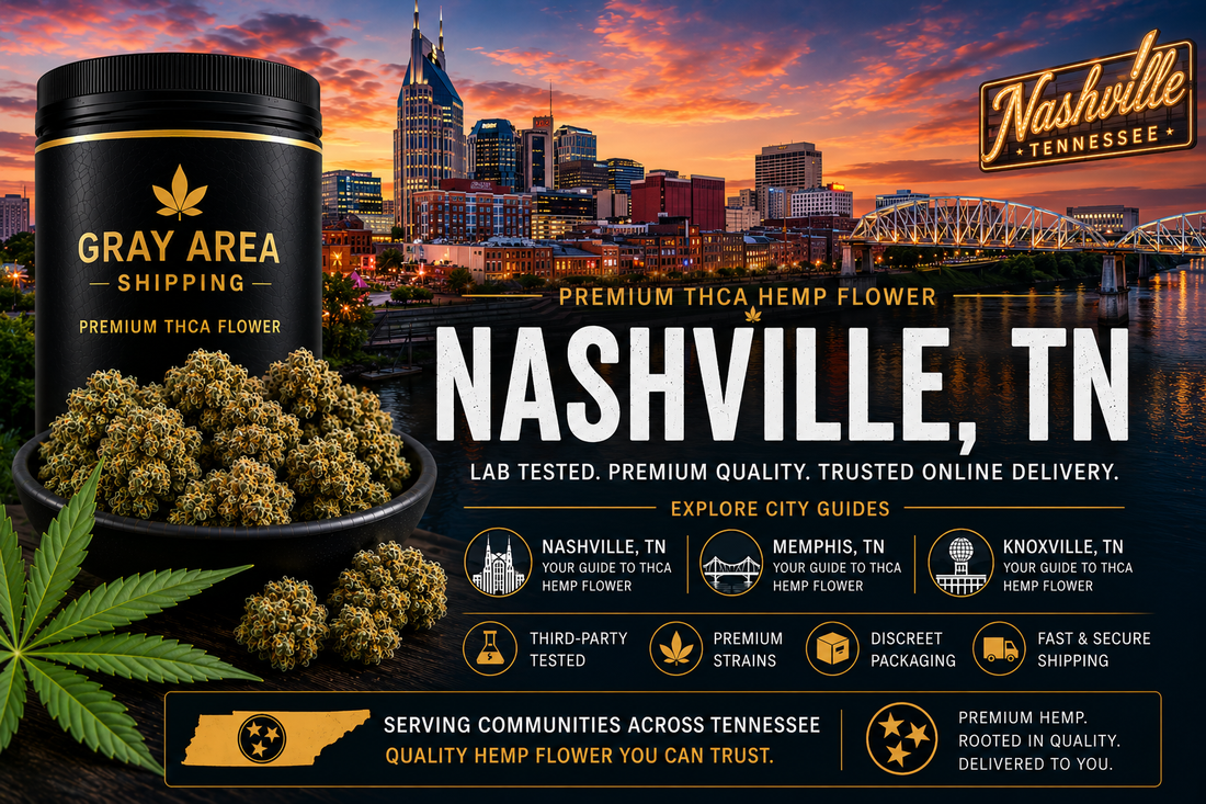 Premium THCA hemp flower available online in Nashville, Tennessee with Nashville skyline background