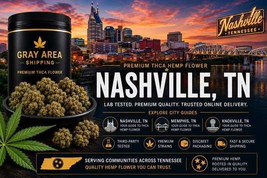 Premium THCA hemp flower available online in Nashville, Tennessee with Nashville skyline background