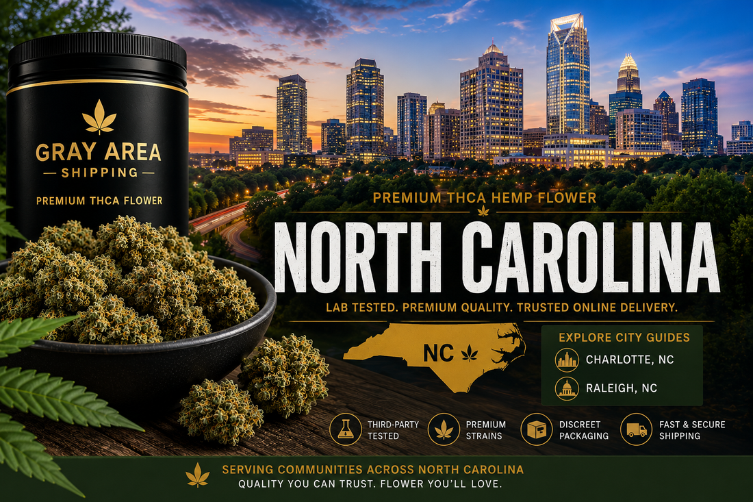 Premium THCA hemp flower available online throughout North Carolina with Charlotte skyline background
