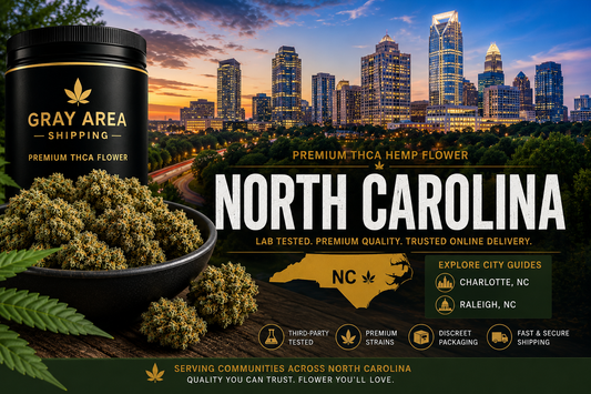 Premium THCA hemp flower available online throughout North Carolina with Charlotte skyline background