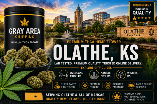 Premium THCA hemp flower available online in Olathe, Kansas with Olathe skyline background