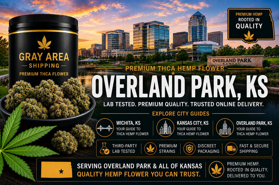 Premium THCA hemp flower available online in Overland Park, Kansas with Overland Park skyline background