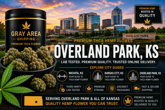 Premium THCA hemp flower available online in Overland Park, Kansas with Overland Park skyline background