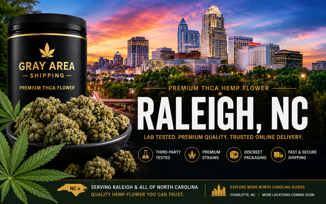 Premium THCA hemp flower available online in Raleigh, North Carolina with Raleigh skyline background