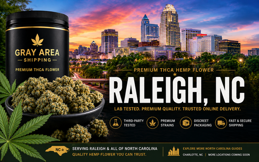 Premium THCA hemp flower available online in Raleigh, North Carolina with Raleigh skyline background