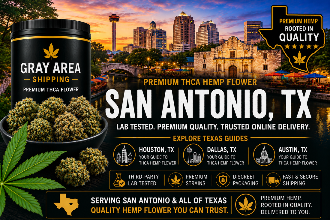 Premium THCA hemp flower available online in San Antonio, Texas with San Antonio skyline background