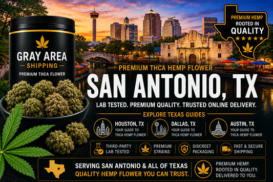 Premium THCA hemp flower available online in San Antonio, Texas with San Antonio skyline background