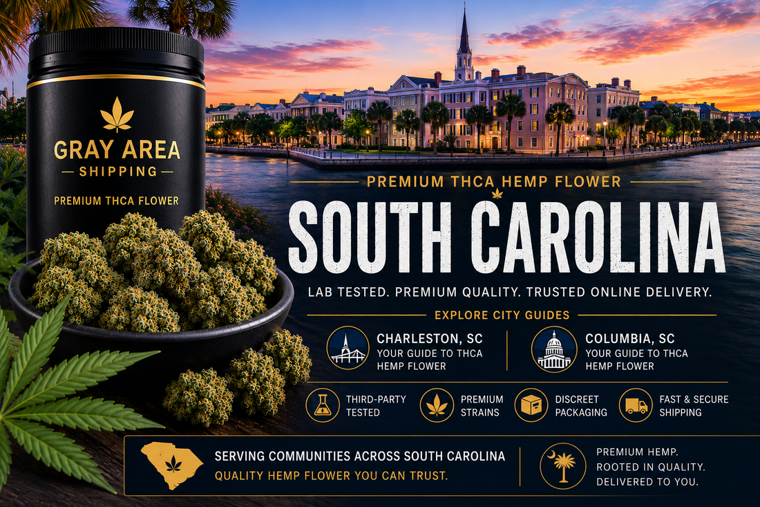 Premium THCA hemp flower available online throughout South Carolina with Charleston skyline background