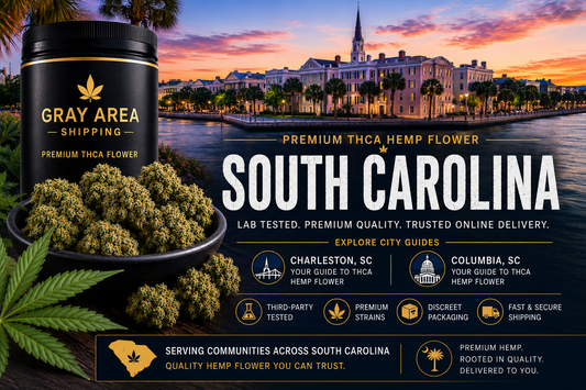 Premium THCA hemp flower available online throughout South Carolina with Charleston skyline background