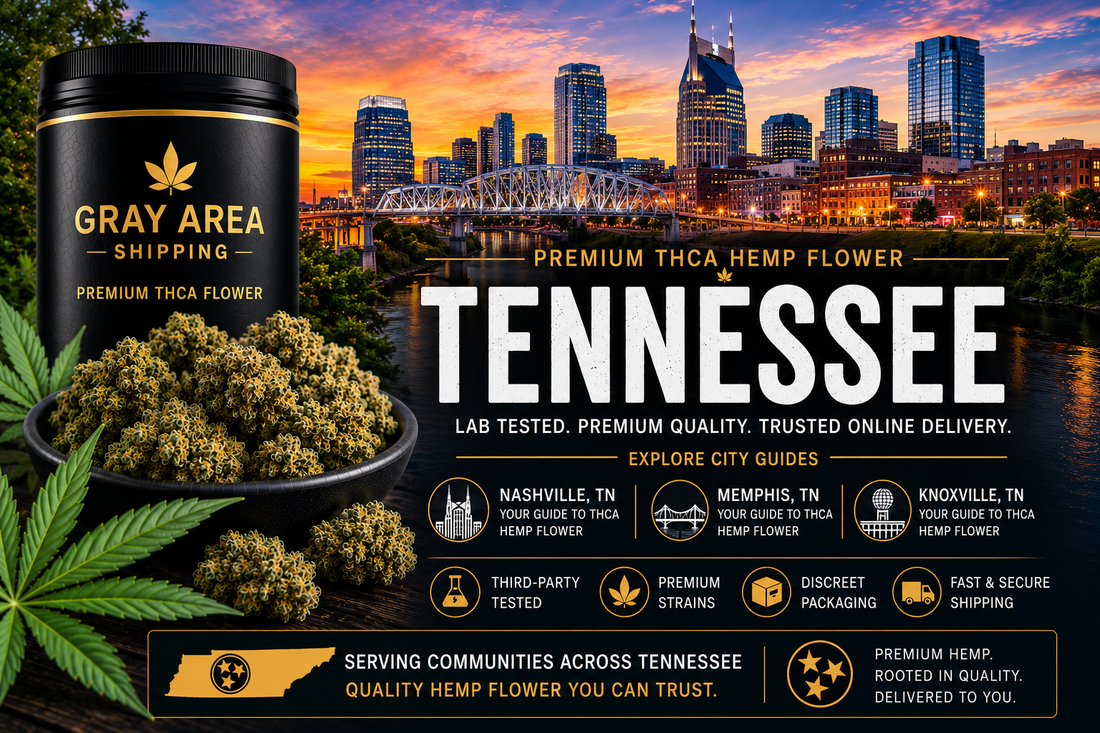 Premium THCA hemp flower available online throughout Tennessee with Nashville skyline background
