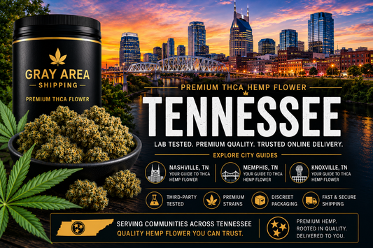 Premium THCA hemp flower available online throughout Tennessee with Nashville skyline background