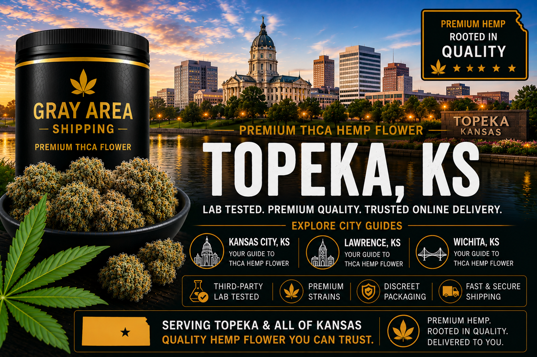 Premium THCA hemp flower available online in Topeka, Kansas with Topeka skyline background