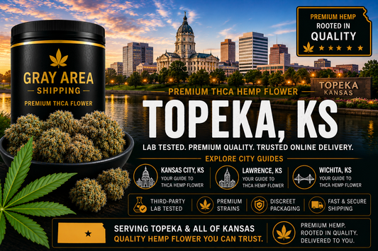 Premium THCA hemp flower available online in Topeka, Kansas with Topeka skyline background