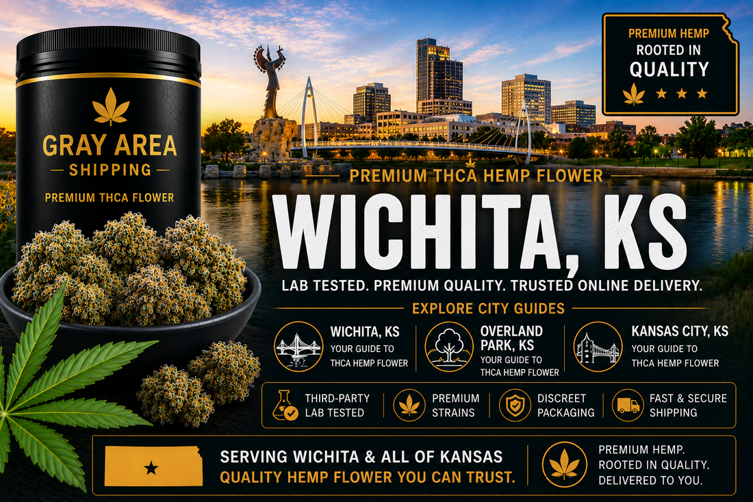 Premium THCA hemp flower available online in Wichita, Kansas with Wichita skyline background