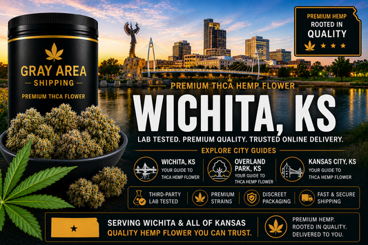 Premium THCA hemp flower available online in Wichita, Kansas with Wichita skyline background