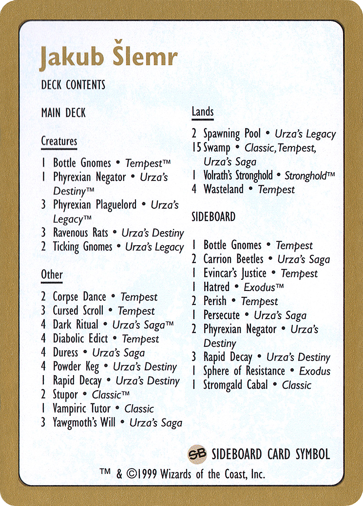 1999 Jakub Slemr Decklist Card [World Championship Decks 1999]