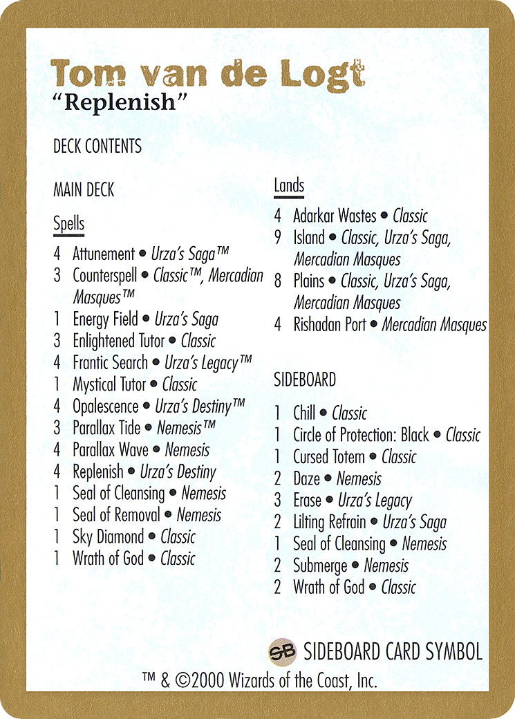 2000 Tom van de Logt Decklist Card [World Championship Decks 2000]