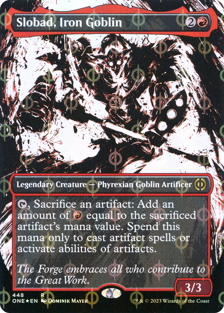 Slobad, Iron Goblin (Showcase) (Step-and-Compleat Foil) (ONE-448) (Borderless) [Phyrexia: All Will Be One] Foil
