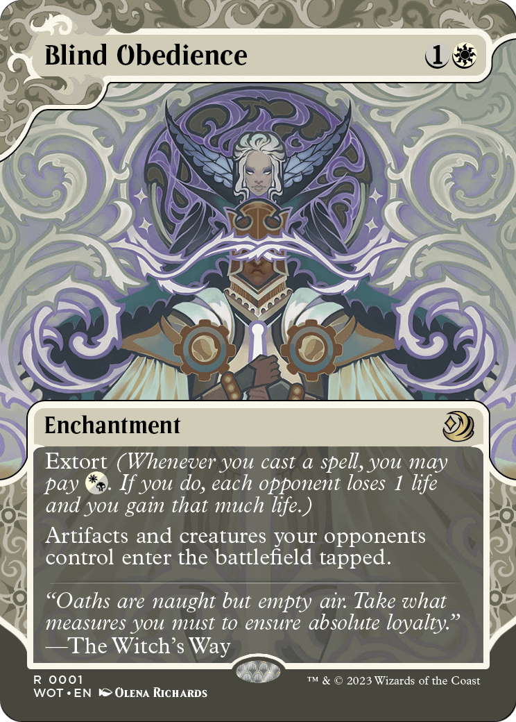 Blind Obedience (WOT-001) (Showcase) (Borderless) [Wilds of Eldraine: Enchanting Tales] Foil