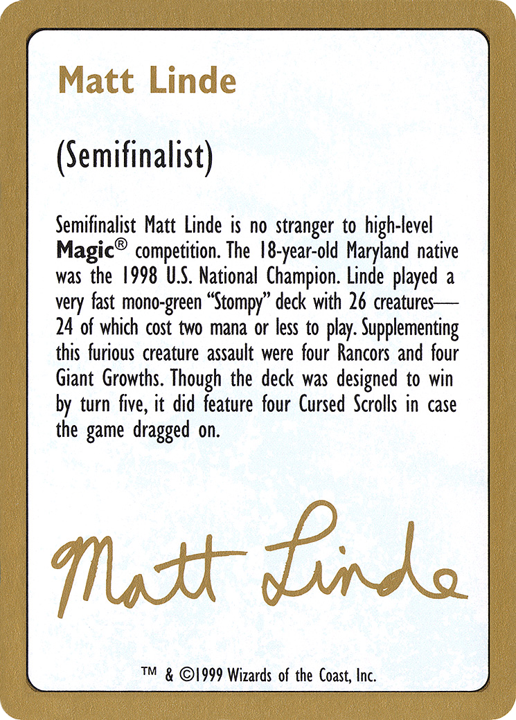 1999 Matt Linde Biography Card [World Championship Decks 1999]