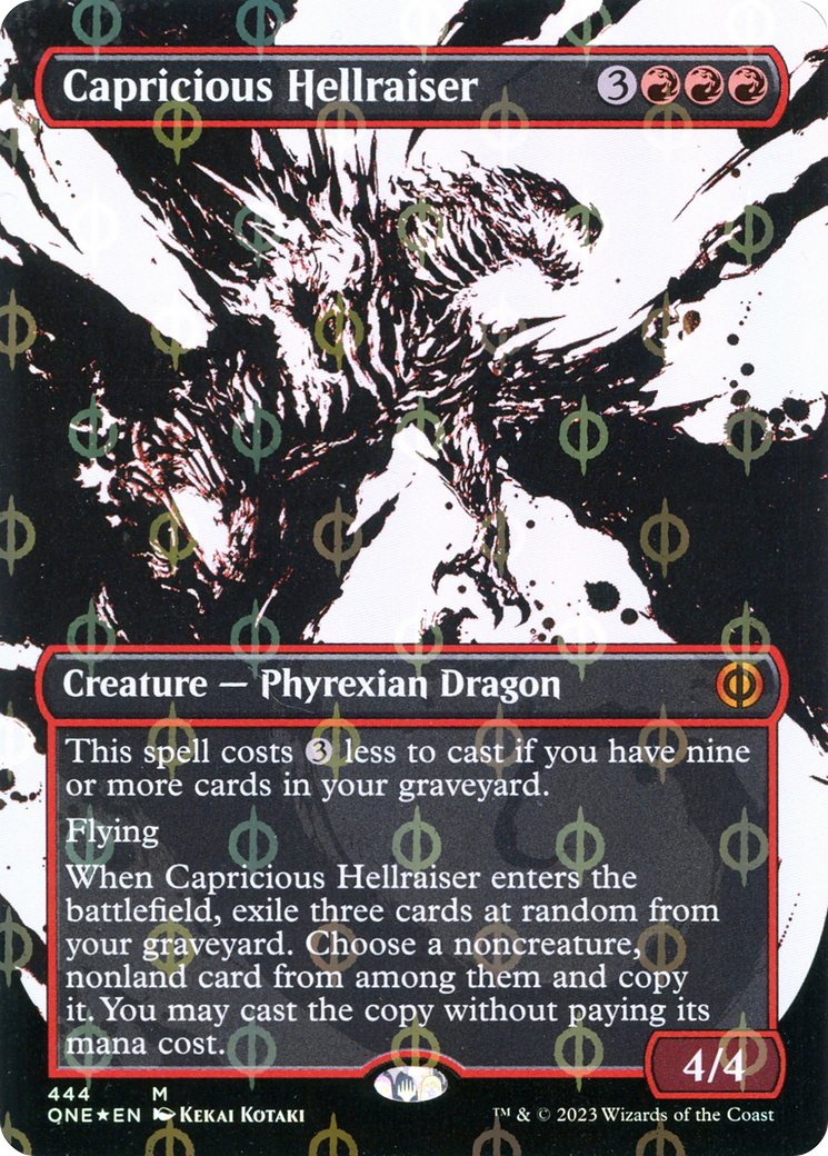 Capricious Hellraiser (Showcase) (Step-and-Compleat Foil) (ONE-444) (Borderless) [Phyrexia: All Will Be One] Foil